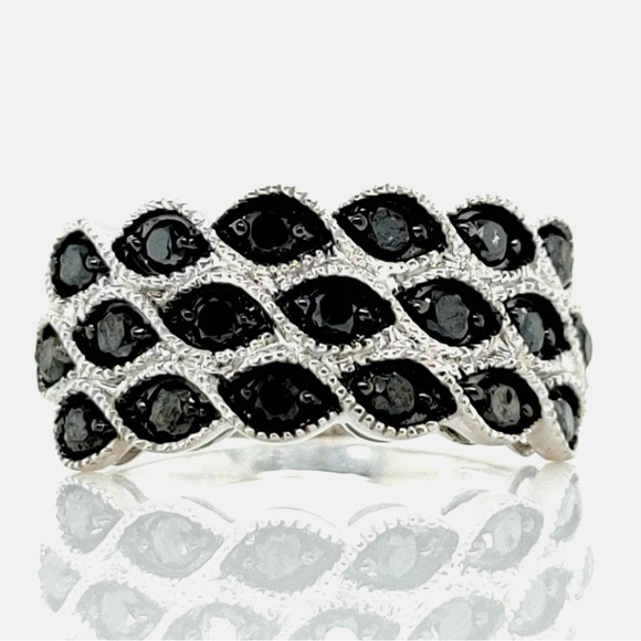 1 Carat Genuine Black Diamond 3 Row Anniversary Band Ring ~ Cocktail Dinner Ring - Picture 4 of 16